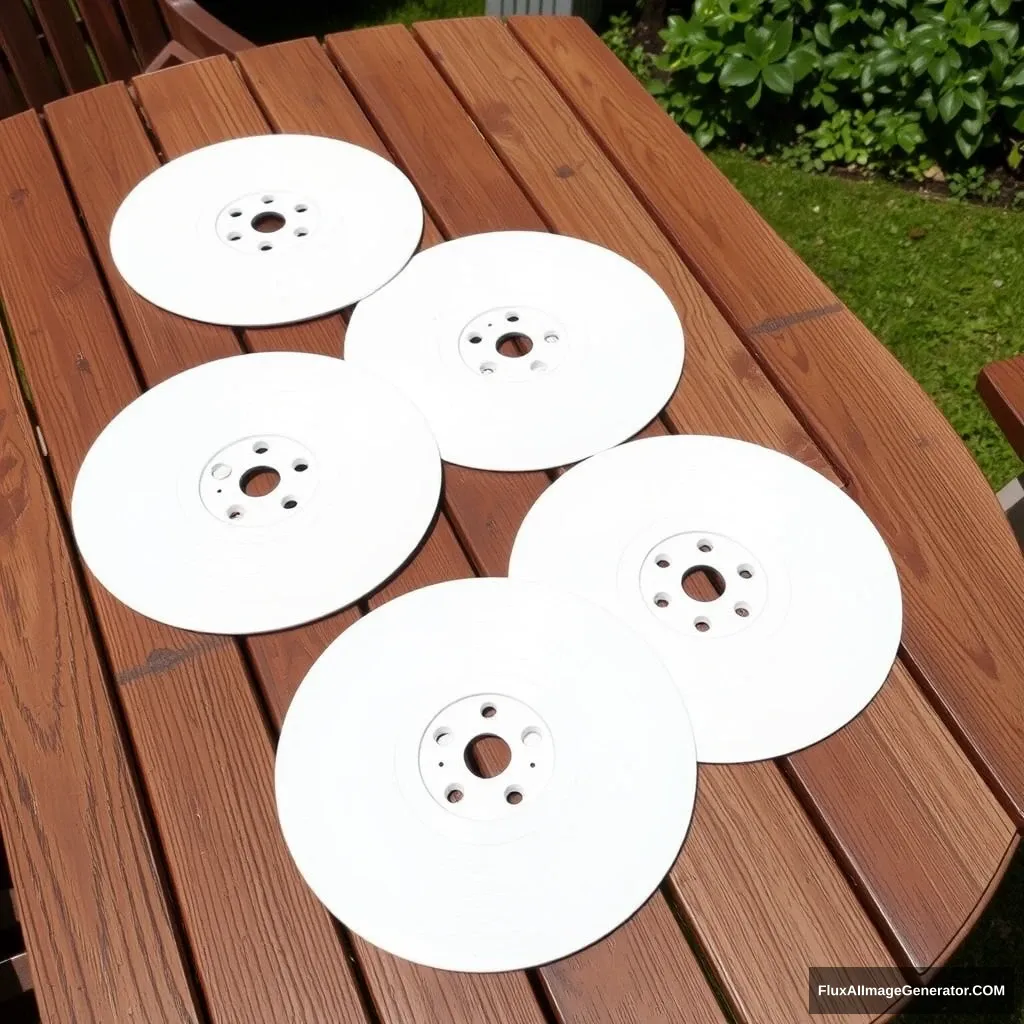 Five white 33T disc covers on a wooden garden table. - Image