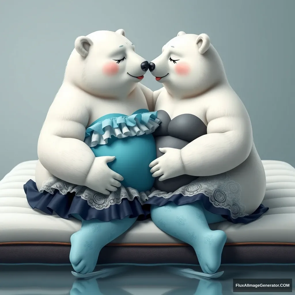 A couple of male, overweight, realistic cartoon polar bears in fursuits, wearing a turquoise and navy blue transparent ruffled white baroque velvet leotard with puffy sleeves and baby blue rose-printed pantyhose, are sitting on the edge of a floating mattress. They are in a full-body sideways pose, holding each other's waists with their hands, noses touching, sleepy faces with tongues out, looking at each other's faces.