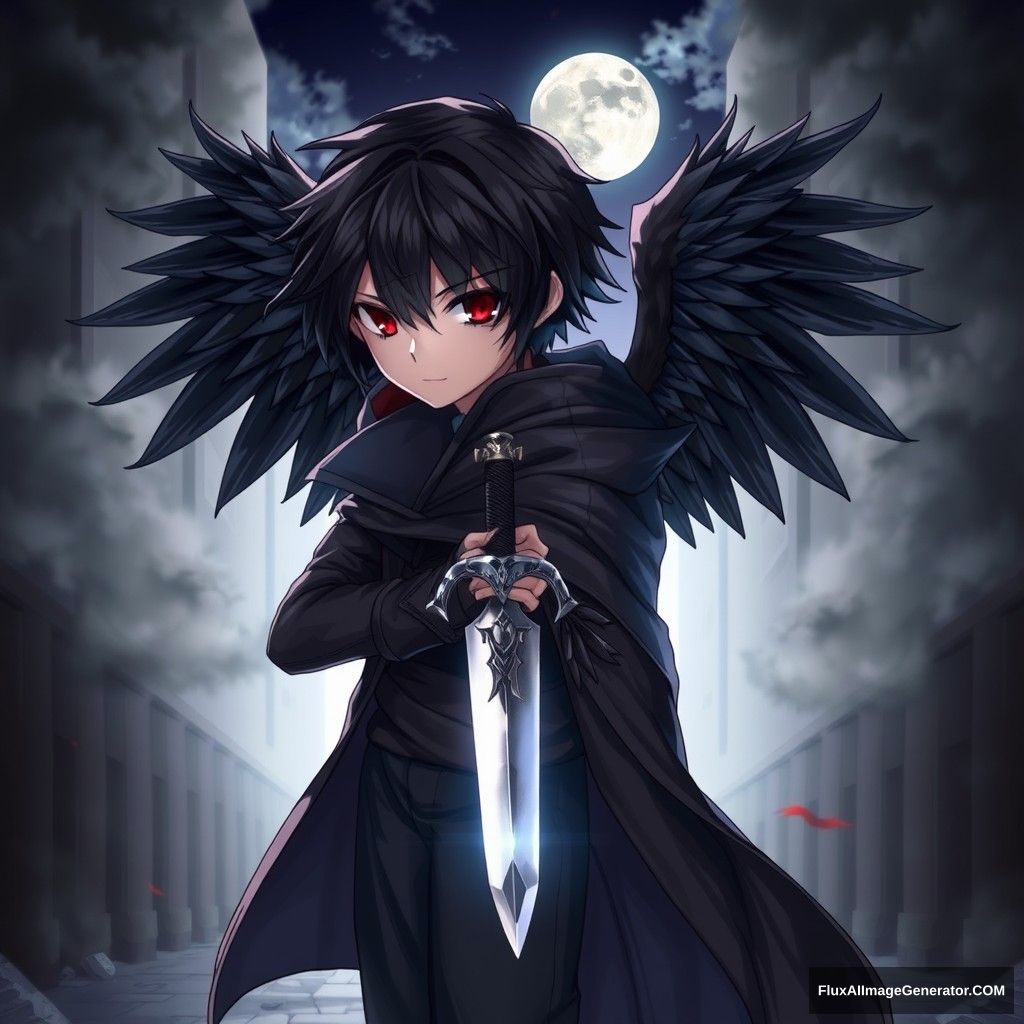 "Assassin boy, with crow wings, red eyes, black hair, black feathers glimmering with a faint light, wearing a lightweight black cloak, holding a silver dagger, with a sharp gaze, background of an alley, moonlight filtering through clouds onto the ground, creating a mysterious and tense atmosphere." - Image