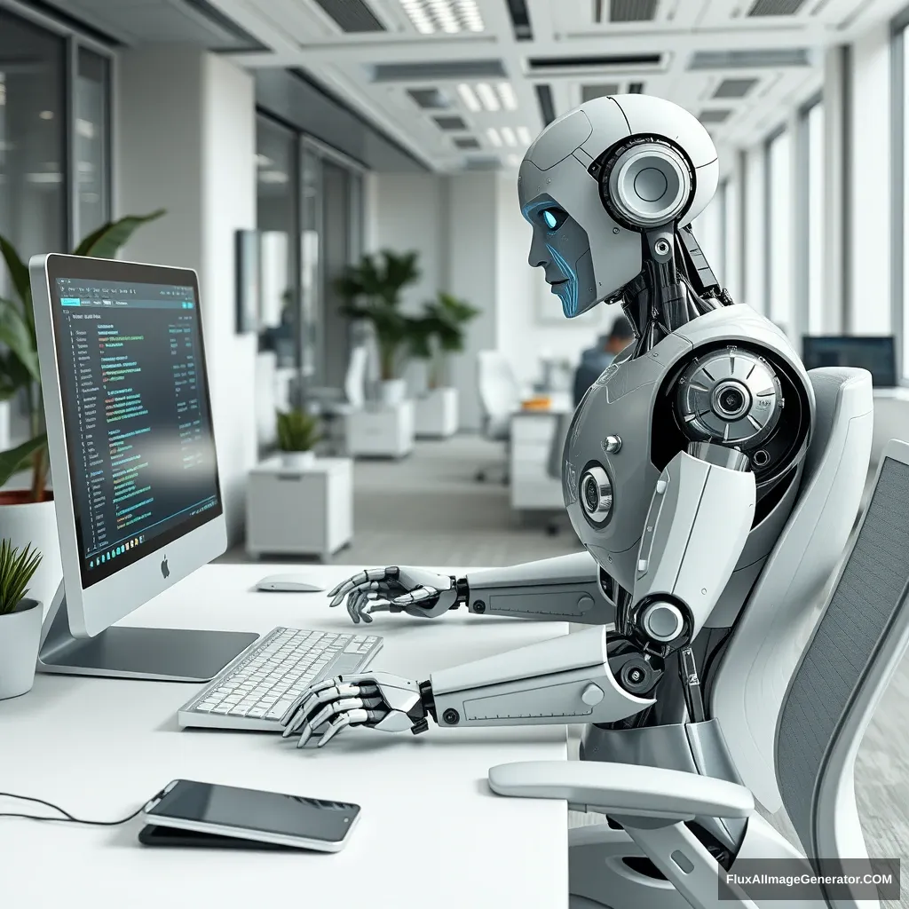 Create a highly detailed, photorealistic image of a robot working in a modern office environment. The robot should be humanoid in design, with sleek, polished metal limbs and a smooth, futuristic body. It should be seated at a standard office desk, typing on a computer keyboard with one hand while its other hand hovers over a mouse.

The computer screen should display a complex data analysis or coding interface, suggesting the robot is engaged in high-level work. The robot's facial features, though mechanical, should convey focus and efficiency, with subtle LED lights indicating activity in its eyes or head.

The office itself should be modern and professional, with clean lines, ergonomic furniture, and soft lighting. The background could include typical office elements like potted plants, filing cabinets, and large windows letting in natural light. A few other workstations can be seen in the background, either unoccupied or with human workers, adding to the realism of the scene.

The color palette should be neutral, with metallic grays, whites, and soft blues, emphasizing the high-tech and futuristic atmosphere. The overall image should evoke a sense of advanced technology seamlessly integrated into a professional work environment, highlighting the robot's role as a productive and efficient member of the office team. - Image