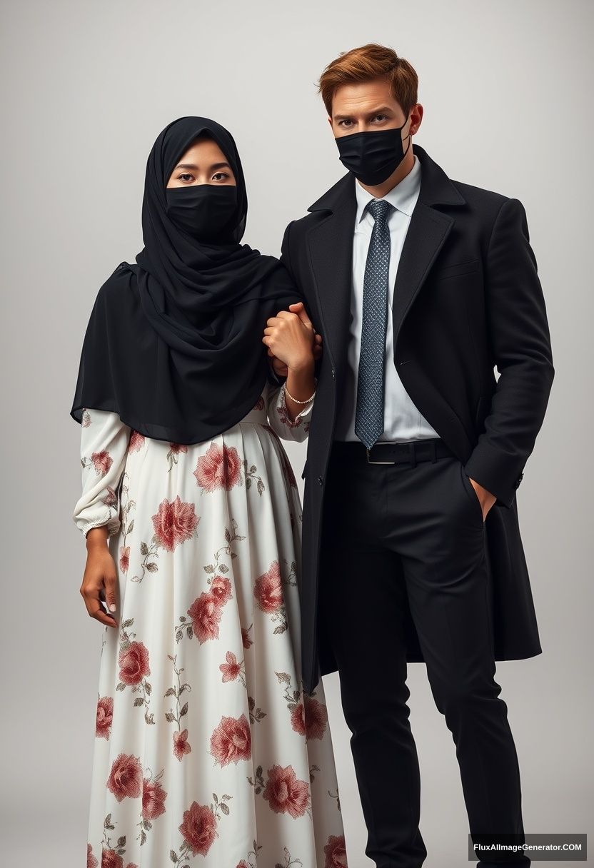 A biggest black hijab girl, beautiful eyes, face mask black, biggest white floral longest dress, not tall, standing, holding his arm

Jamie Dornan, youngest, black suit coat, white shirt, grey patterned tie, black leather sneakers, tall man, face mask black, fit tough body, standing near her, love couple

hyper-realistic, studio photography, photorealistic