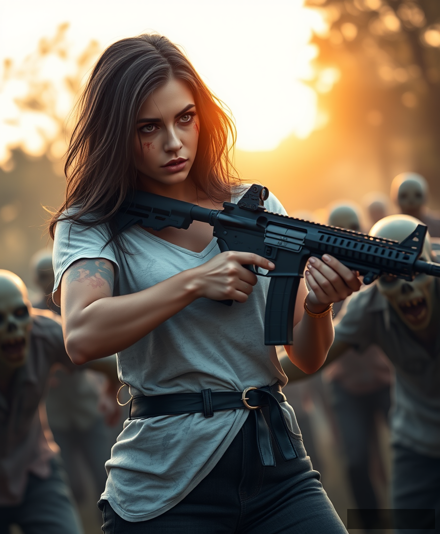 Portrait of a wounded sexy woman in a white t-shirt and a pair of black jeans, holding an AR-15 rifle with both hands, in an aiming posture, surrounded by scary zombies, golden hour lighting, ray tracing, global illumination, 50mm focal length. - Image