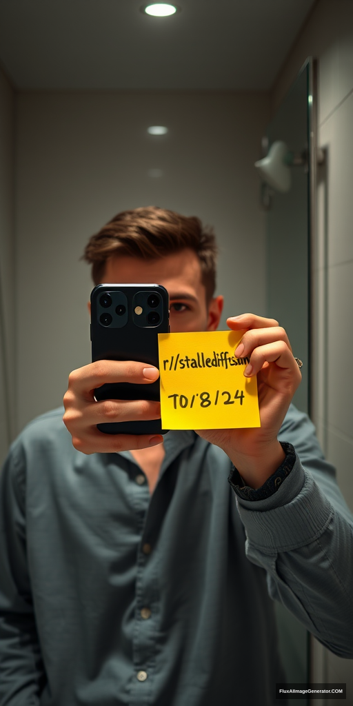 Man in a meticulously detailed bathroom, capturing a mirror selfie with the latest iPhone. He's holding a vibrant yellow post-it note displaying "r/stablediffusion" and "10/08/24". Hyper-realistic style with precise lighting, reflections, and textures. Verification-style composition, natural color palette. Subtle tension in expression, modern tech-savvy atmosphere. - Image