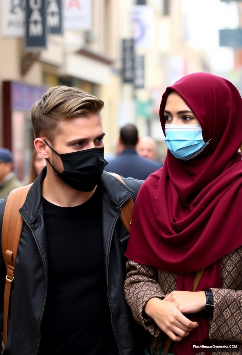 Jamie Dornan, wearing a black face mask, walking in town with the tallest girl in a maroon hijab, a slim girl.