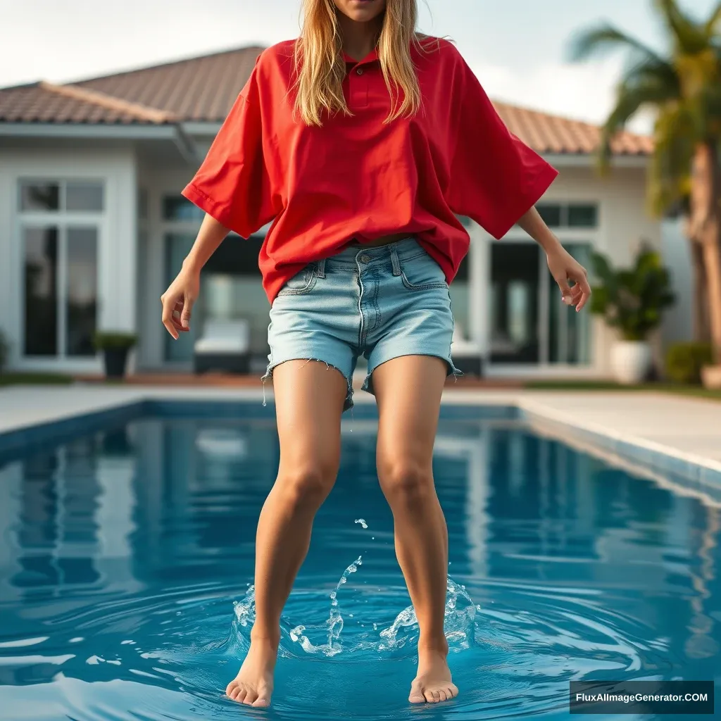 Front view of a young blonde skinny woman who is in her early twenties in her massive backyard wearing a massively oversized red polo t-shirt that is a bit off balance on one of the shoulders. The bottom part of her t-shirt is tucked in on all sides. She is also wearing small light blue denim shorts and is barefoot. She jumps into her luxurious pool, and the lower part of her legs is in the pool, making a small splash.