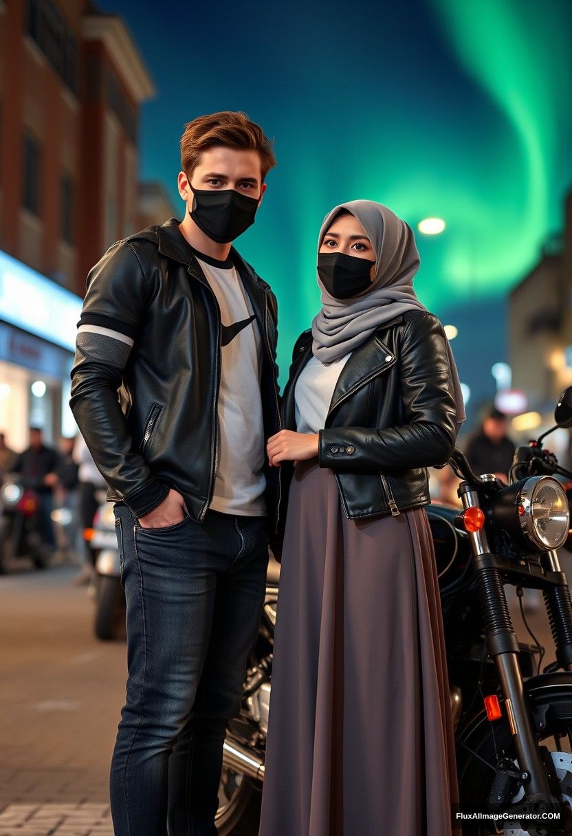 Jamie Dornan, tall, young, wearing a black face mask, a white Nike t-shirt, and jeans,

dating a romantic love interest who is a grey hijab-wearing Muslim girl with beautiful eyes, also in a black face mask, a leather jacket, and a very long and big skirt, not a tall girl,

standing near a motorbike for photography, a Harley Davidson model, in town, photorealistic street photography, at night scenery, with aurora borealis.