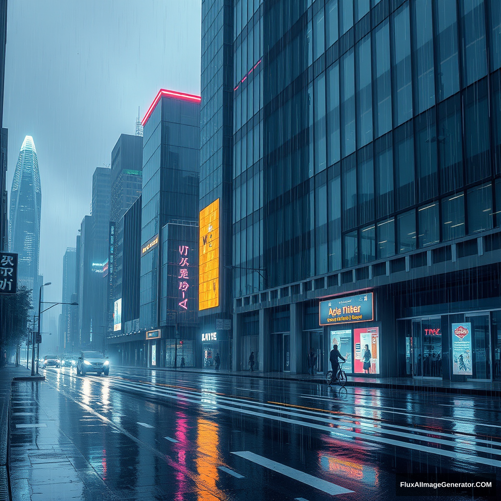 a modern cyber city, raining