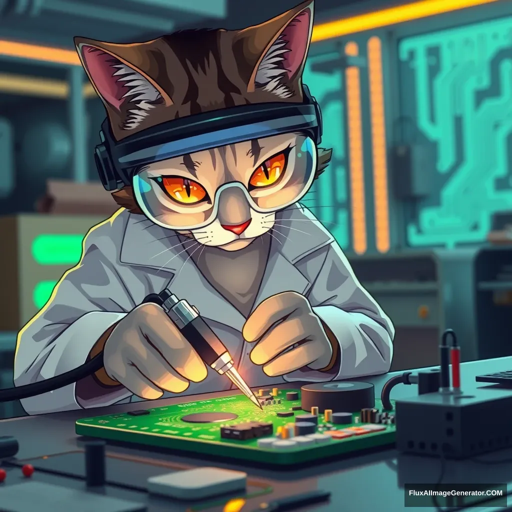 A focused anime-style feline technician, wearing protective goggles and a lab coat, delicately wields a glowing soldering iron. The cat's paws precisely maneuver components on an intricate green PCB. Vibrant circuit patterns reflect in its determined eyes. Futuristic workshop backdrop, soft neon lighting. - Image