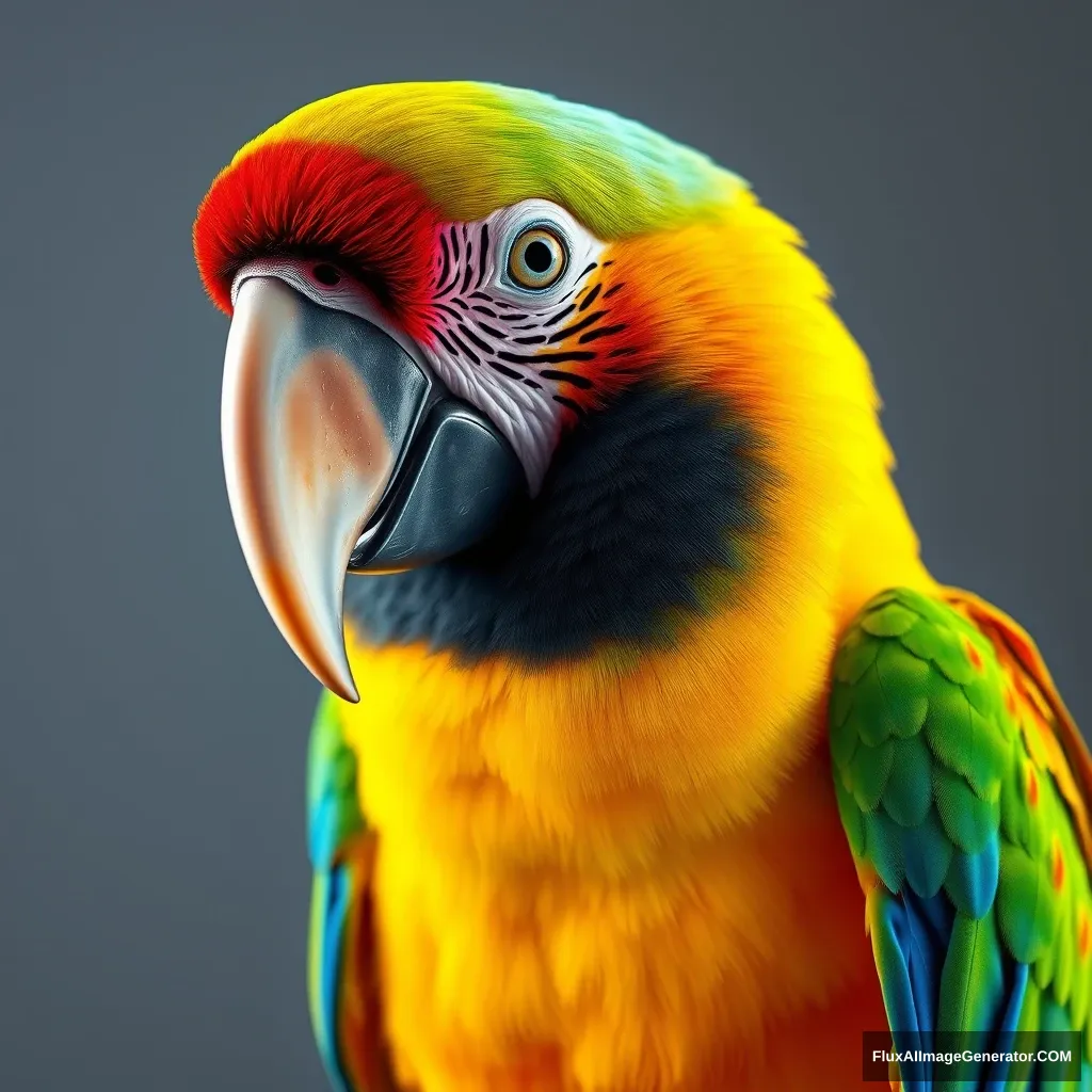 neon rainbow colored macaw with platinum bird beak, hyper-realistic photo, 8K, unreal engine, full body shot - Image