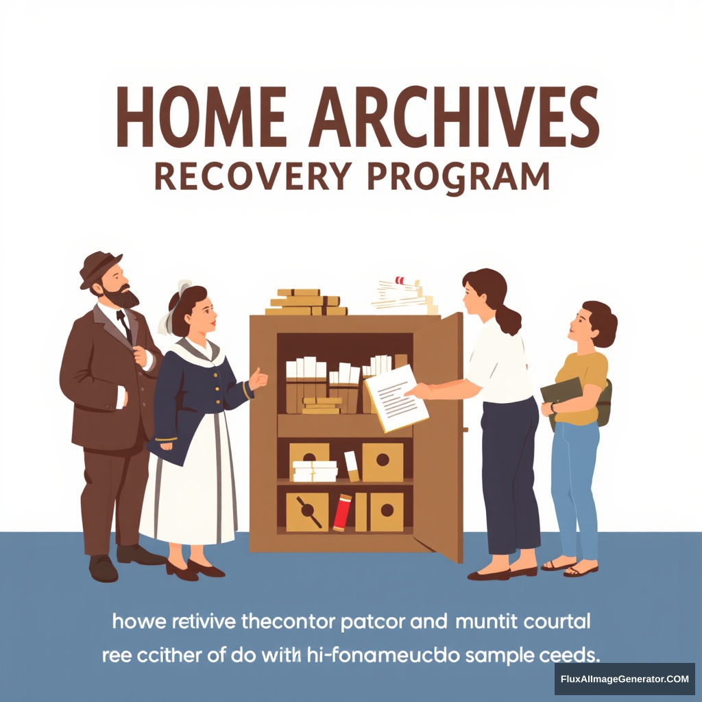 Make a promotional poster for a program called: Home Archives Recovery Program. The poster should depict historical figures from Guanajuato and other citizens depositing documents in an archive cabinet.