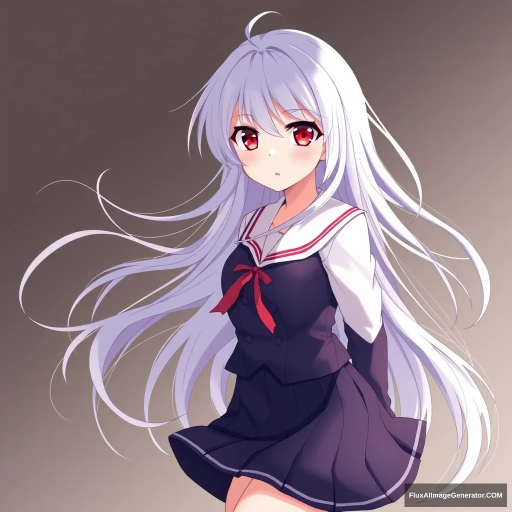 High school girl, wind, long hair, uniform, white hair, red eyes, legs. - Image