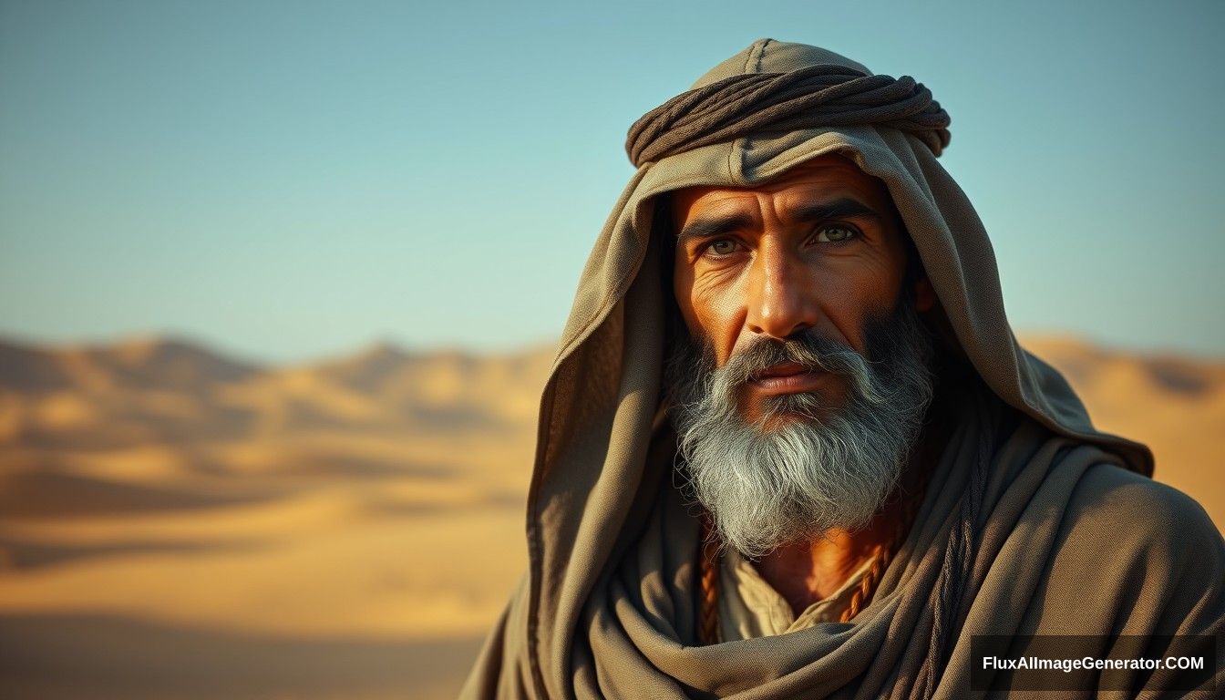 Portrait of Tamim ad-Dari, an Arab man from the Lakhm tribe, dressed in traditional desert robes of the early 7th century, with a serene and wise expression, set against a backdrop of a Middle Eastern desert landscape. Ultra HD, realistic, cinematic lighting. - Image