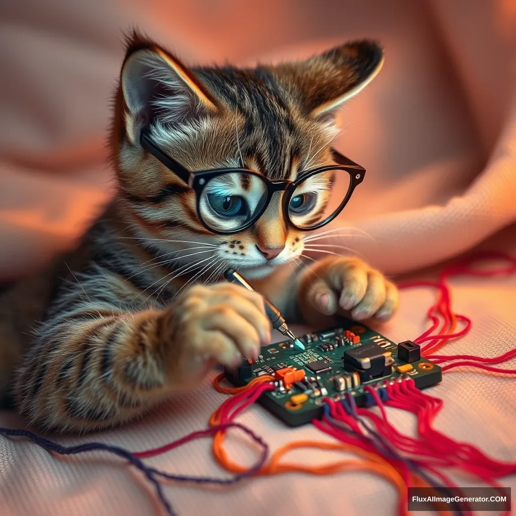 A mischievous tabby cat, wearing tiny spectacles, meticulously solders a circuit board with a miniature iron. Vibrant threads weave intricate patterns, mimicking electronic pathways. Soft fabric backdrop, warm lighting. Delicate French knots form components. Style: Hyper-realistic embroidery art, blending traditional craftsmanship with modern technology.