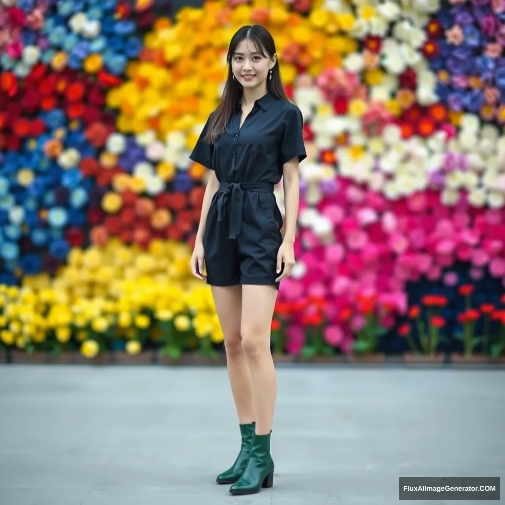 A Korean female fashion model is wearing a jumpsuit-style one-piece, greenish leather fashion boots, in front of a colorful flower wall (defocused).