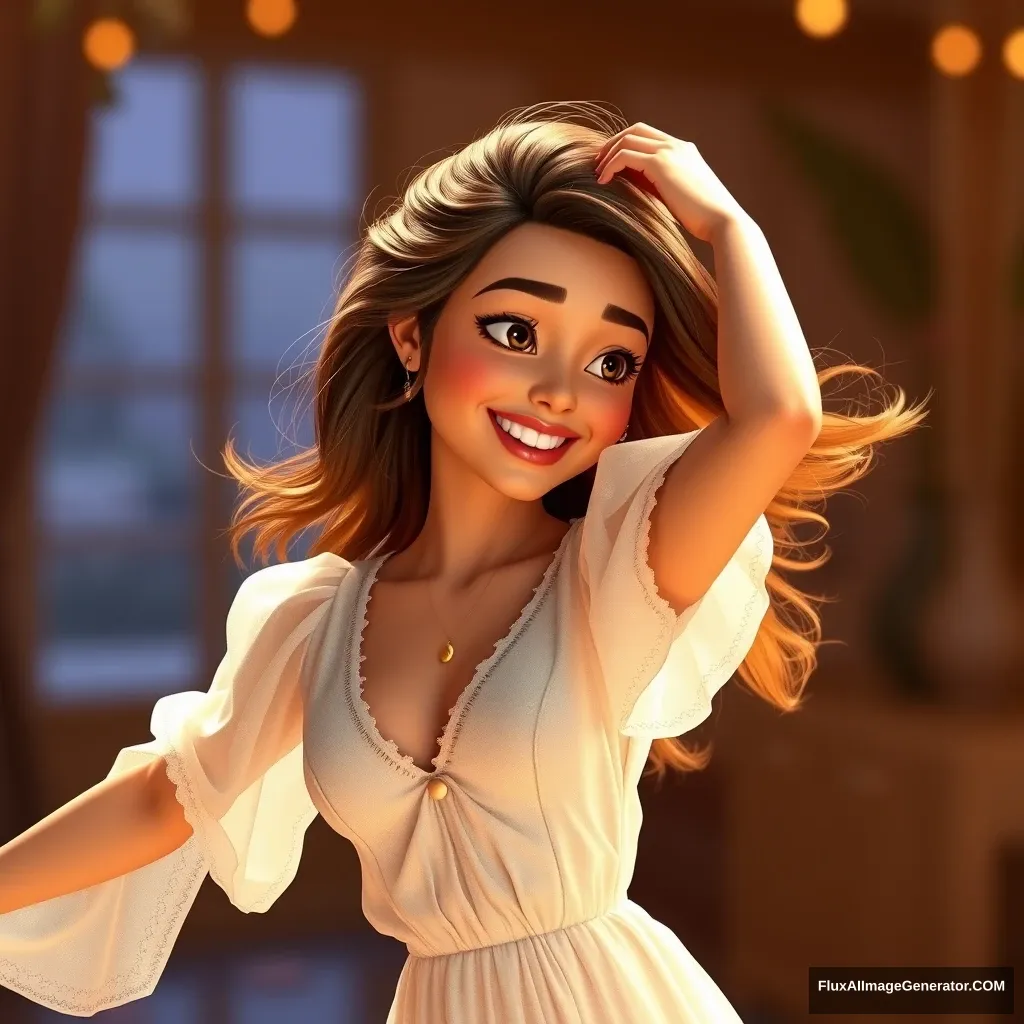 A beautiful woman is dancing and smiling, Pixar style. - Image