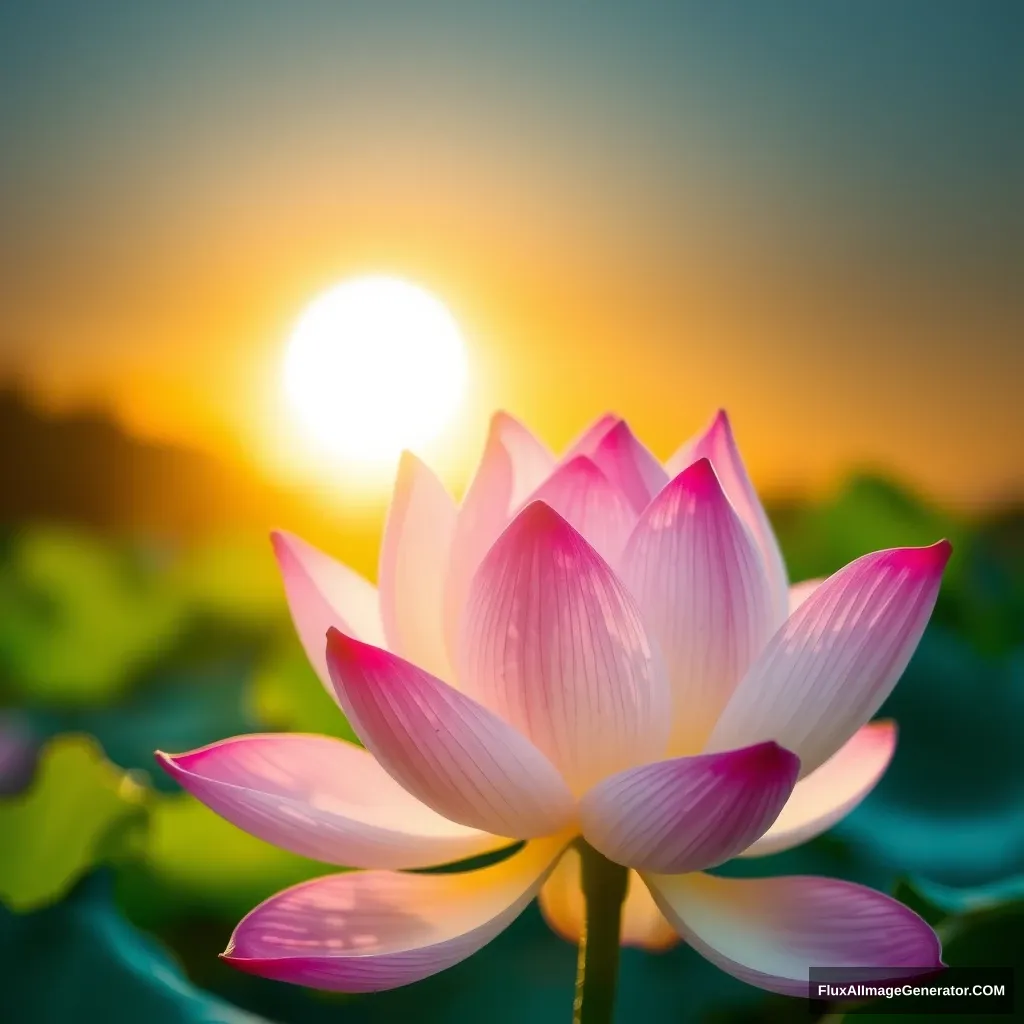 A lotus flower under the setting sun. - Image