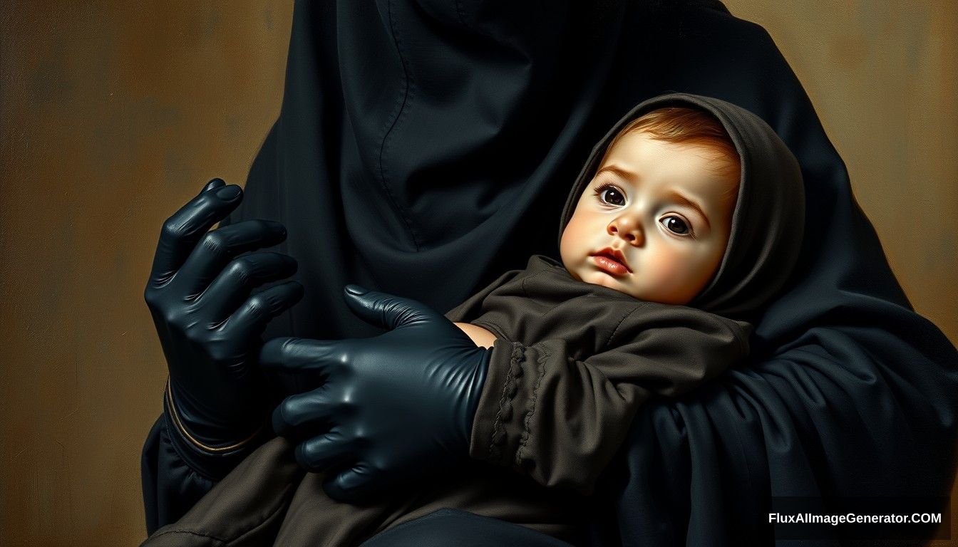 A pious woman is holding a baby boy. Wearing black gloves and a niqab, Maryam is a very devout woman dressed in a black sarong, with her neck covered by a perfect hijab. It is a realistic, full-body oil painting in an old style.