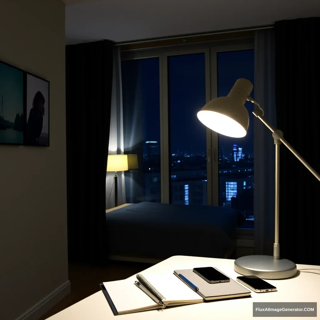 Modern Bedroom apartment, midnight, a study lamp lighting, a notebook and phone on a study desk.