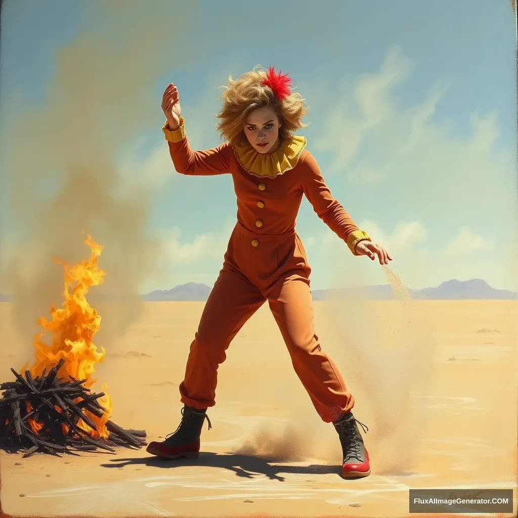 I want a painting of Scarlett Johansson wearing a clown costume while putting out a fire in the desert.