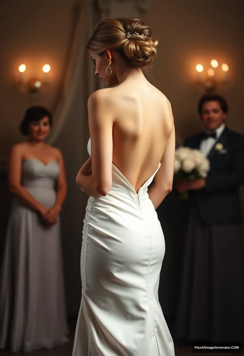 A short young woman, sensitive, delicate, ashamed, wearing a backless, strapless, side-less, low-waisted, open-back contouring wedding dress with a very loose top that seems like it's going to fall at any moment, in front of patriarchy and expectations. - Image