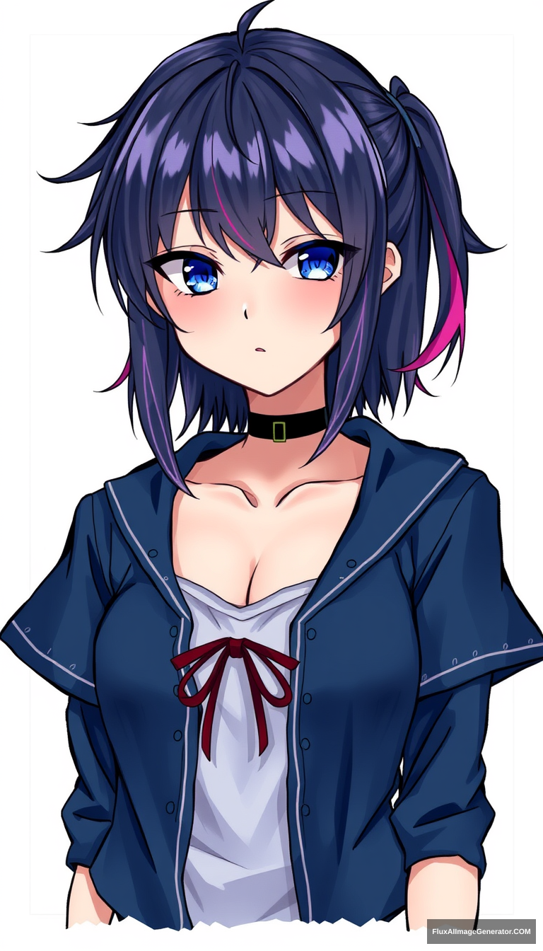 A teenage girl has captivated many with her striking appearance. Wearing a dark blue outfit with vibrant highlights, the anime style is significant. The drawing is from the chest up, with a framed background. - Image