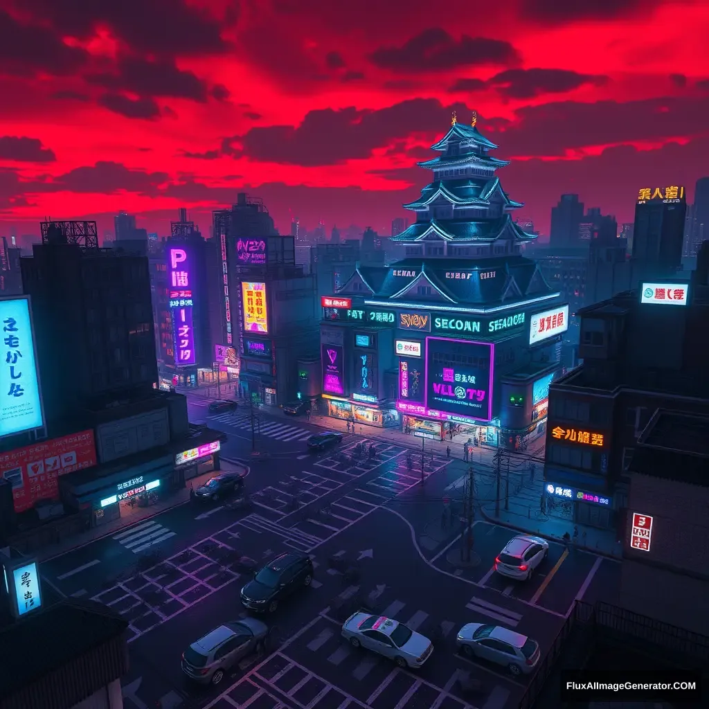 A Shibuya Scramble Crossing game concept design, nice and detailed, Cyberpunk style, Chaos city night, Aerial view, Abandoned buildings and vehicles, blue and purple neon lights, Japanese Edo Castle, sky is dyed red, unreal engine, PBR rendering, CG style.