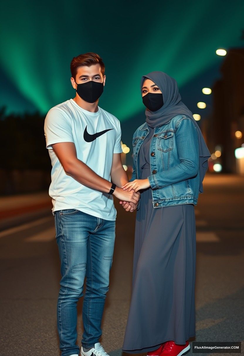 Jamie Dornan, handsome, black face mask, white Nike t-shirt, jeans, sneakers, dating romantically with a grey hijab-wearing Muslim girl, beautiful eyes, black face mask, denim jacket, very long and big skirt, not a tall girl, red sneakers, holding hands, photorealistic, street photography, full photography, selfie photos, night scenery, aurora.