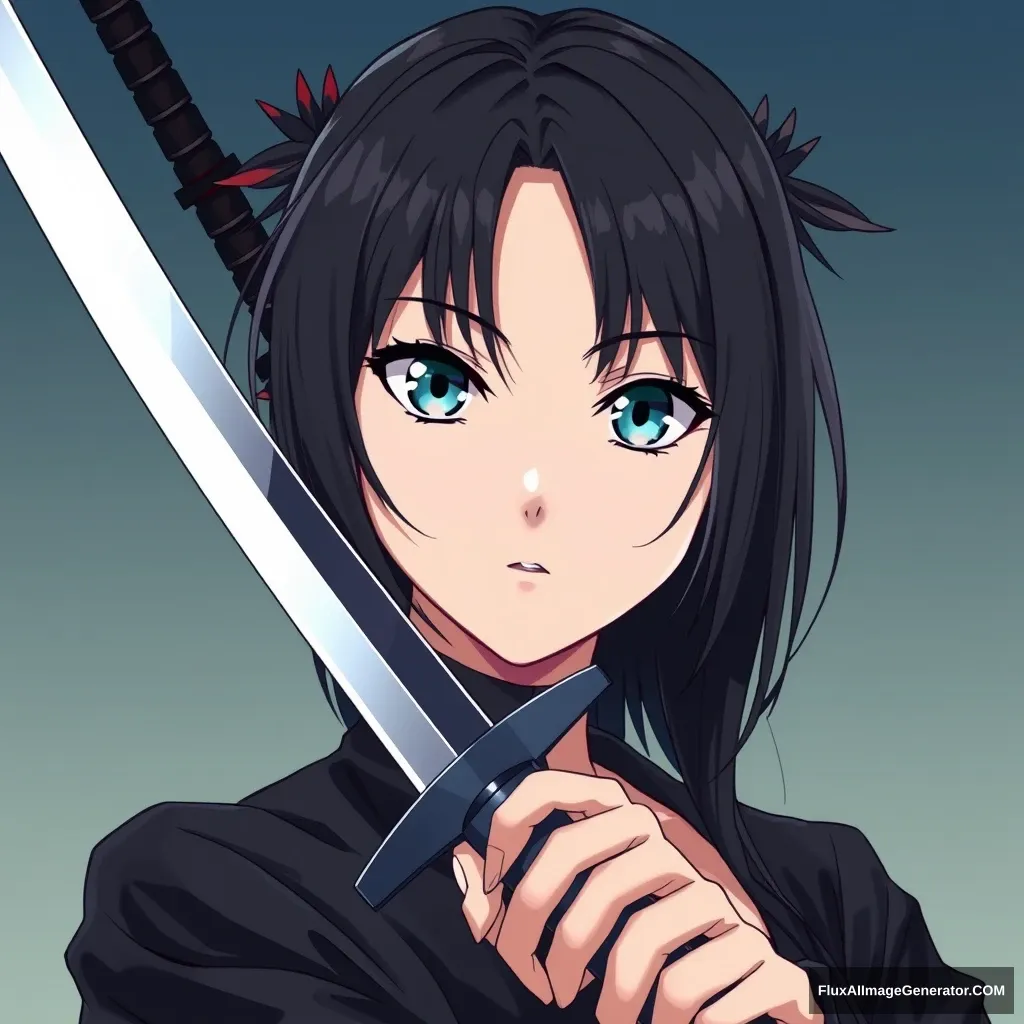 VERY BEAUTIFUL ANIME GIRL WITH PERFECT EYES. Anime style is important. Seinen style anime. Even more beautiful. Should look like an assassin with a gradient background. Holding a sharp sword.