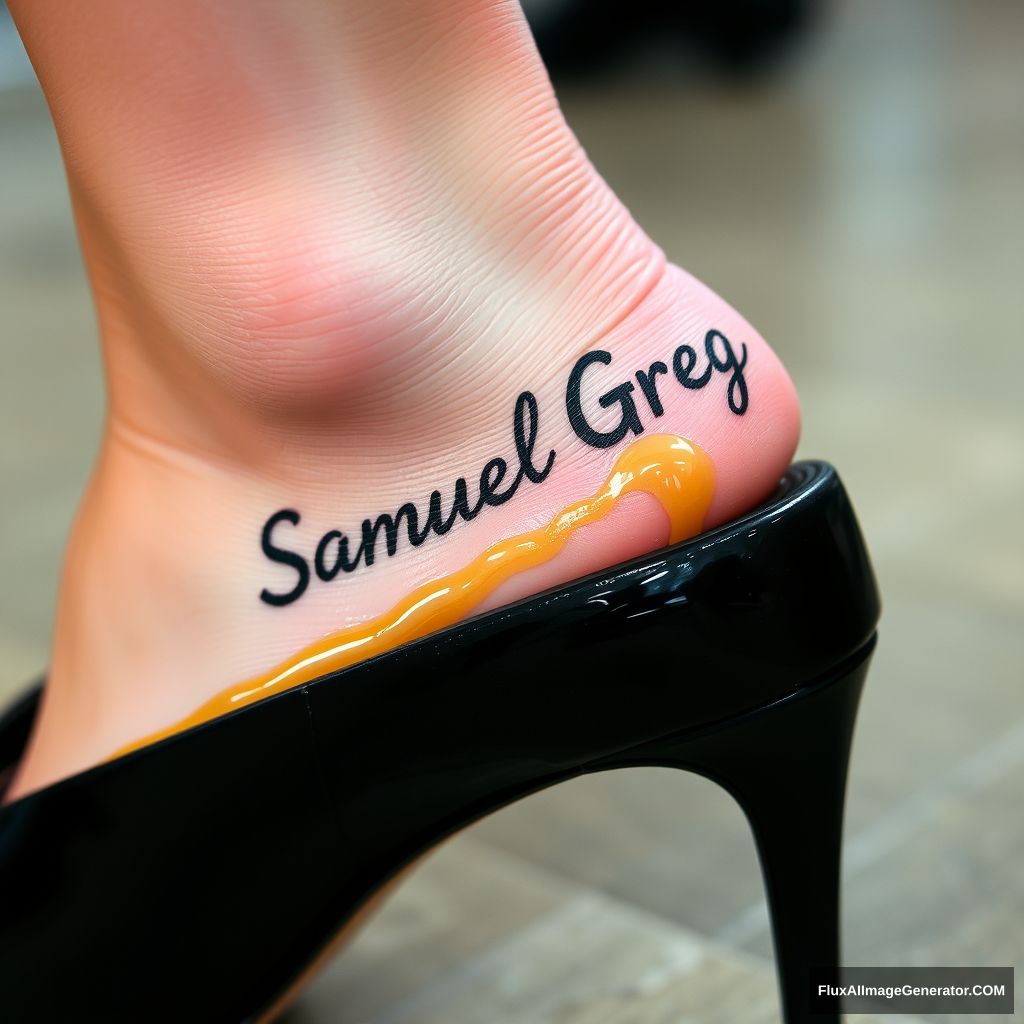 The name "Samuel Greg" on a woman's foot in a black high heel. There is oil all over the foot.