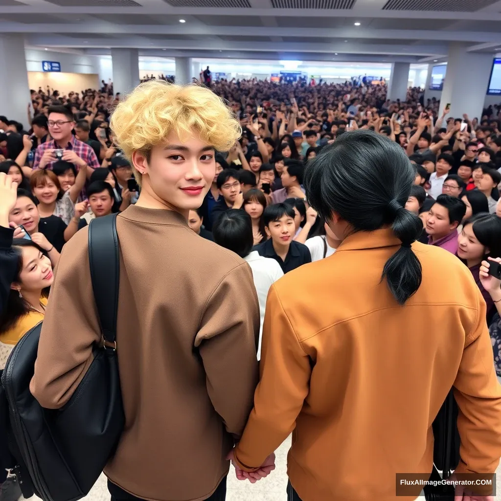 A man with curled, blonde hair that reaches his ears and a man with low pony-tailed black hair are holding each other's hands in front of a huge crowd of fans at the airport. Both have a K-pop idol style, and the blonde man is slightly taller than the man with black hair.