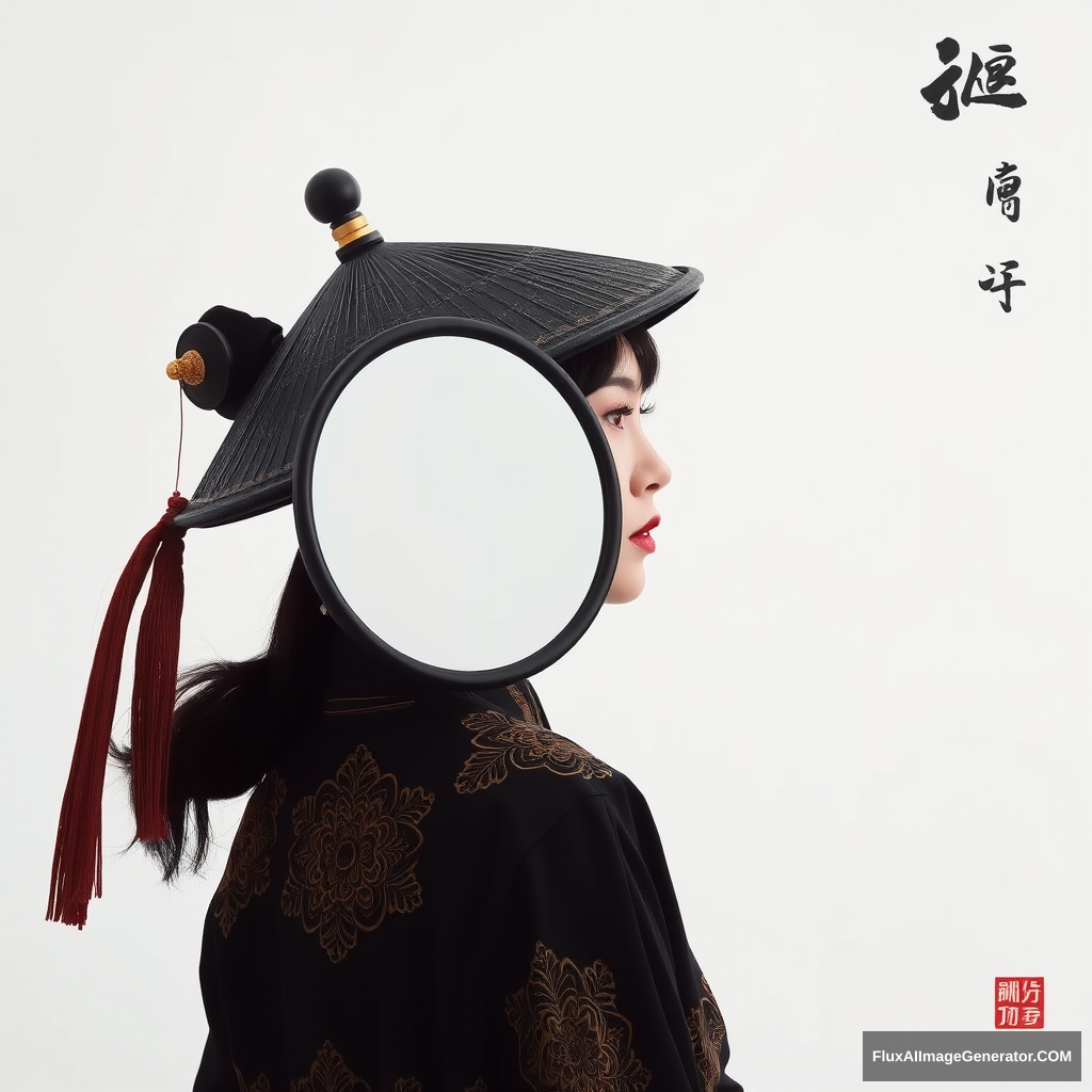 Chinese woman, black hat, head tail, black ink mirror, beautiful gold.