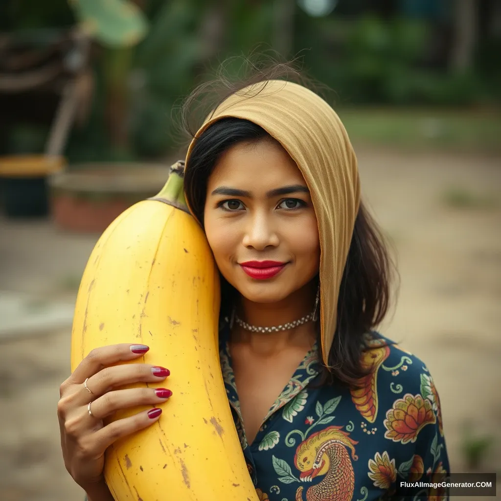 A woman with a large yellow banana.