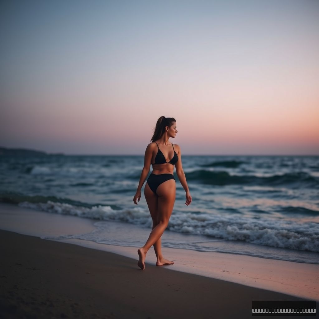 A woman wearing a swimsuit walking by the sea, beach, dusk.