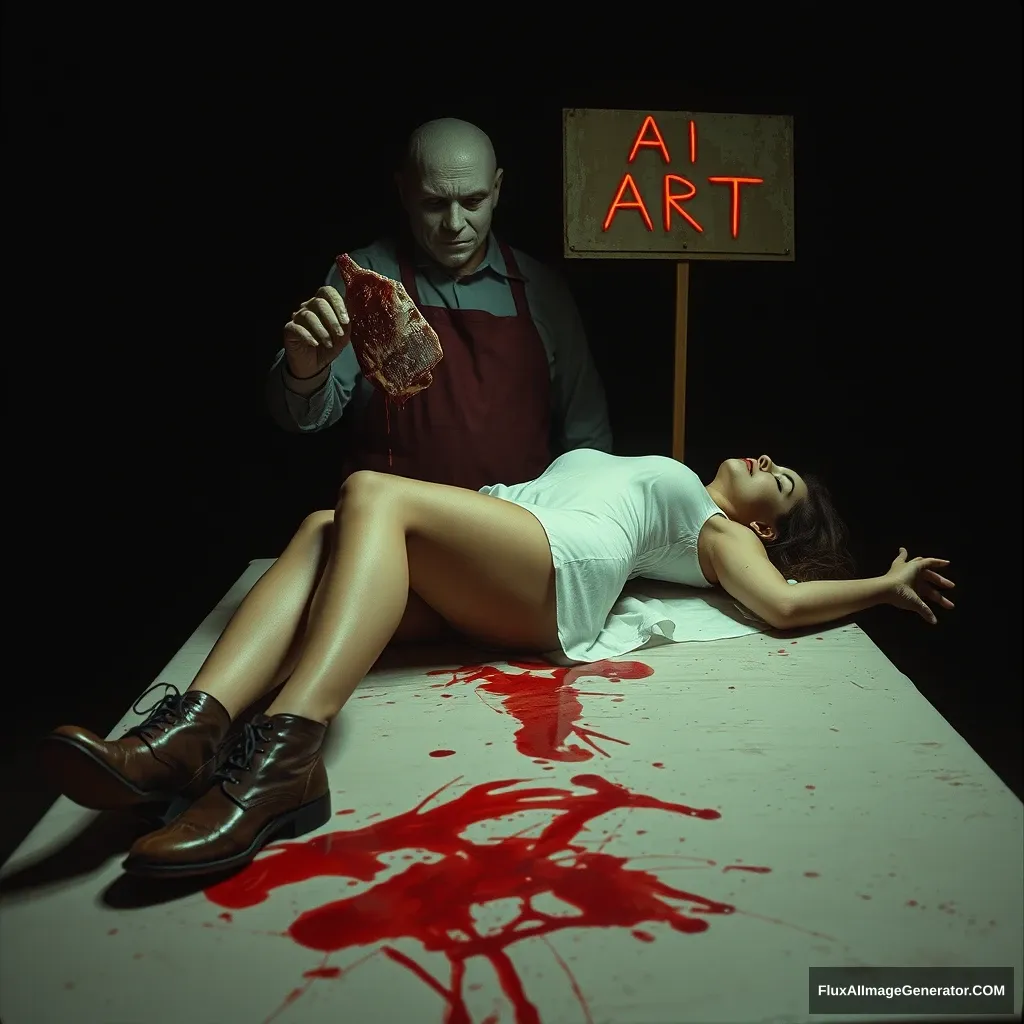 A woman lay on the butcher table, shoes, night, neo. The sign said: "AI ART," a horrible butcher with a mask standing behind in the dark with a bloody chop in hand.