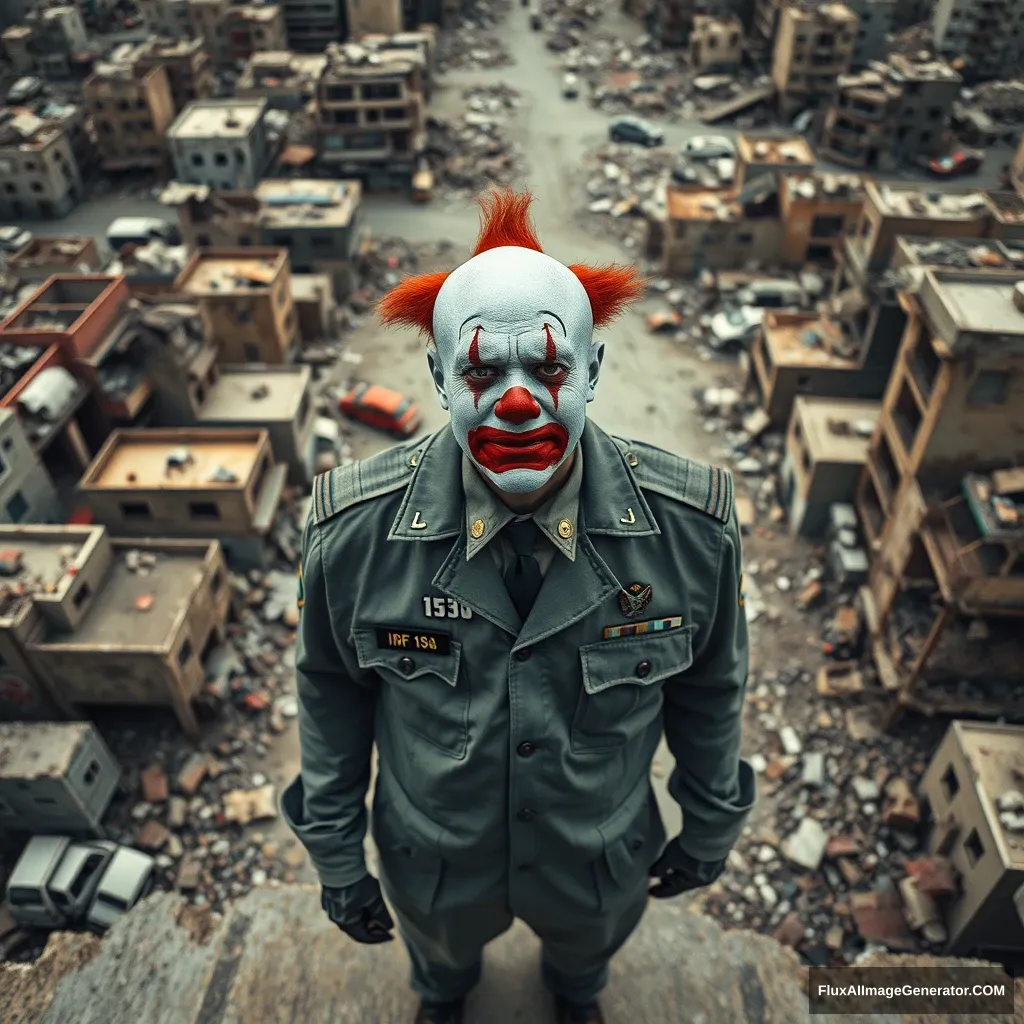 A crying clown in an IDF uniform standing in the middle of a city in ruins. View from above and from some distance. Hyperreal.