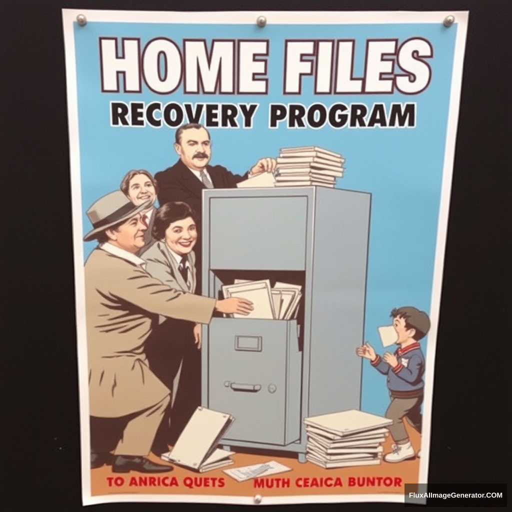 Create a propaganda poster for a program called: Home Files Recovery Program. The poster should feature historical figures from Guanajuato and other citizens depositing documents in a filing cabinet.