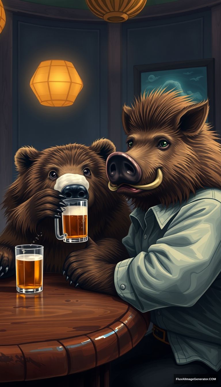 A bear having a beer at a bar with a boar in Bermuda photorealistic. - Image