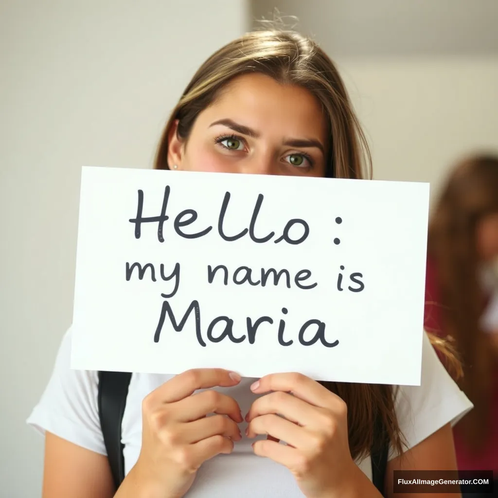 A young woman holding a sign reading: "Hello, my name is Maria." - Image