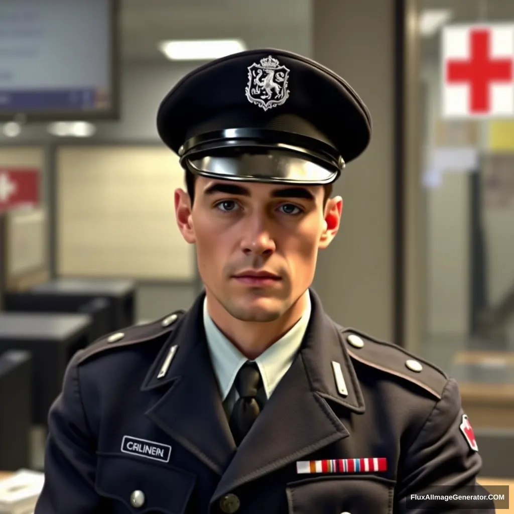 Swiss border guard, rank corporal, his name is Majoleth Cedric, works at the desk, everybody's darling, realistic.