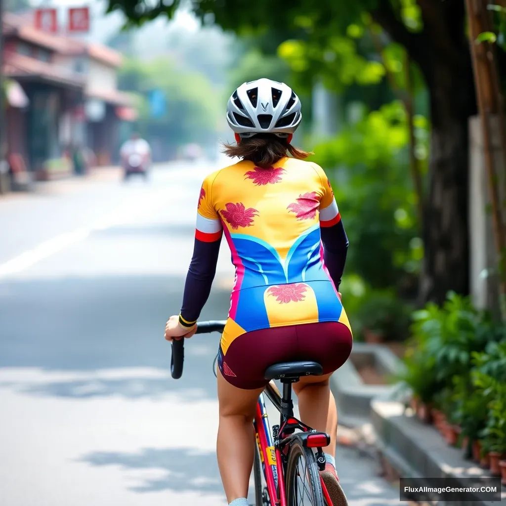 A woman riding a bicycle, viewed from behind, Chinese, in colorful cycling attire. - Image