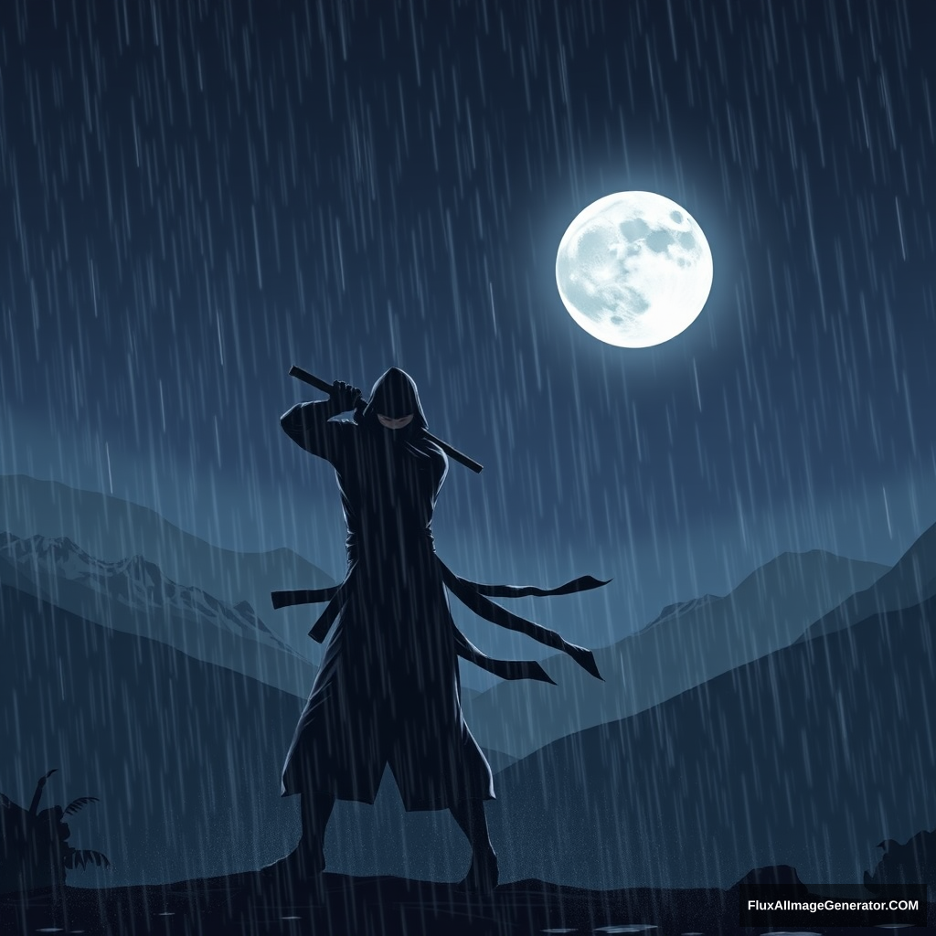 "Ninja in the rain at night, against the backdrop of a white moon and mountains, an epic scene."