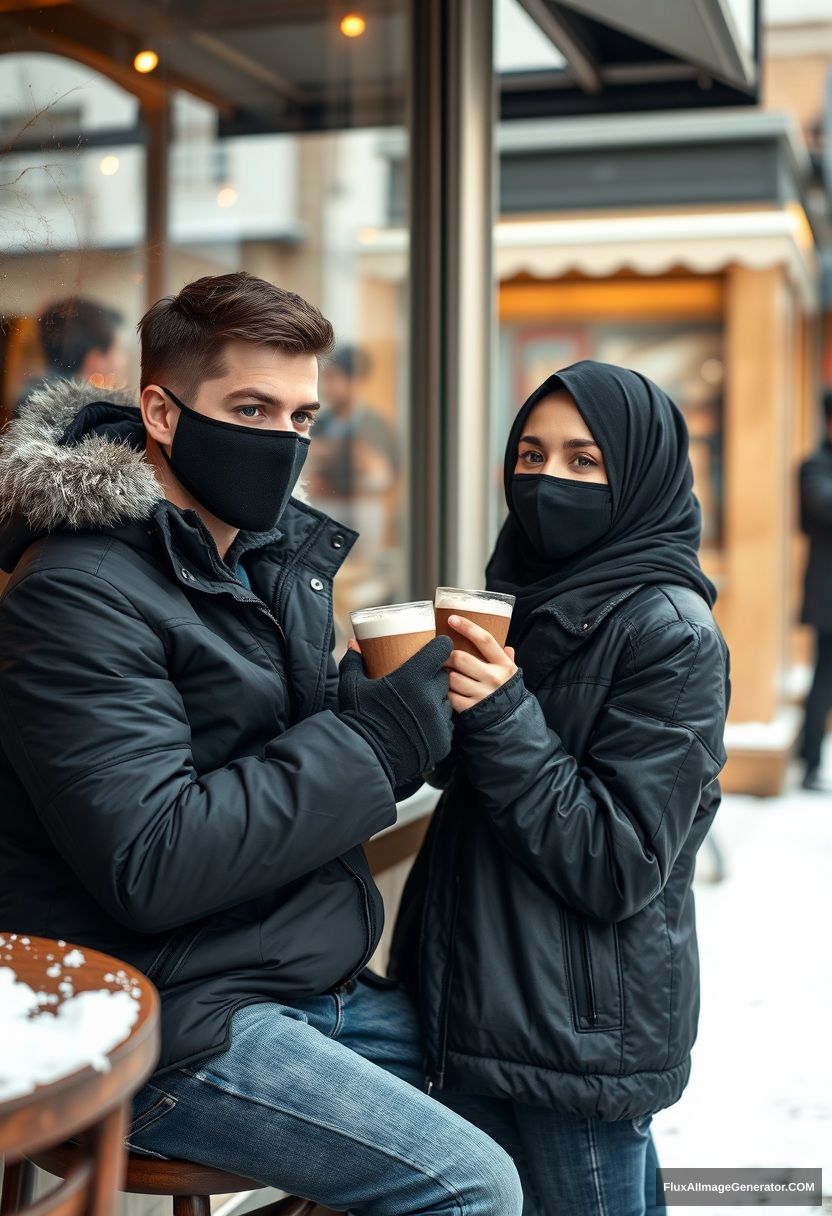 Jamie Dornan, handsome, young, wearing a black face mask, snow jacket, jeans, dating a beautiful Muslim girl in a big black hijab, with beautiful eyes, also wearing a black face mask, black leather jacket, in a winter scenery, sitting in a café near a glass window in town, 2 cups of hot chocolate, on a gloomy day, photorealistic, street photography.