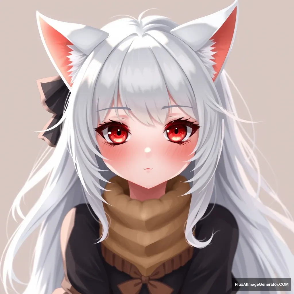 2D beautiful girl, cat girl, white hair, red eyes. - Image