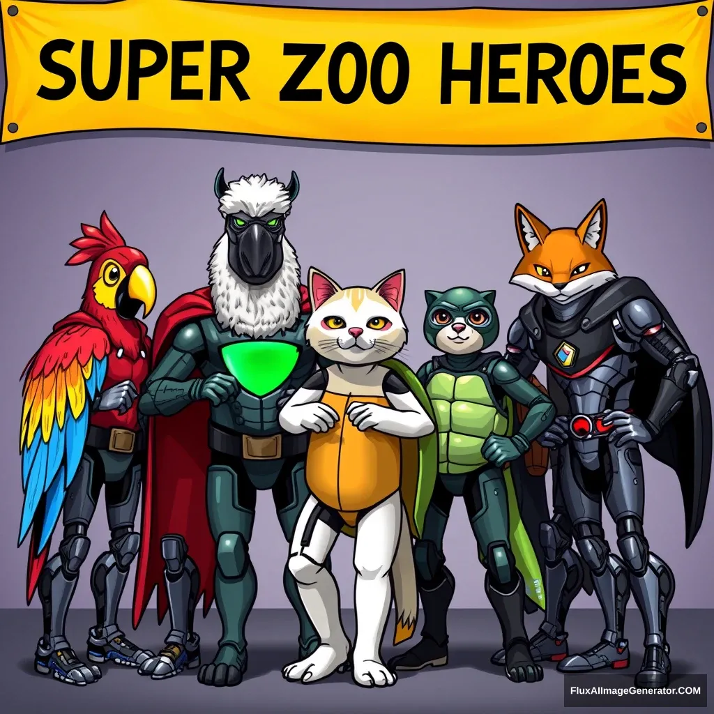 5 animal-themed cyborg superheroes, themed around parrot, llama, cat, turtle, and fox. They pose for a photo beneath a banner that reads "Super Zoo Heroes".