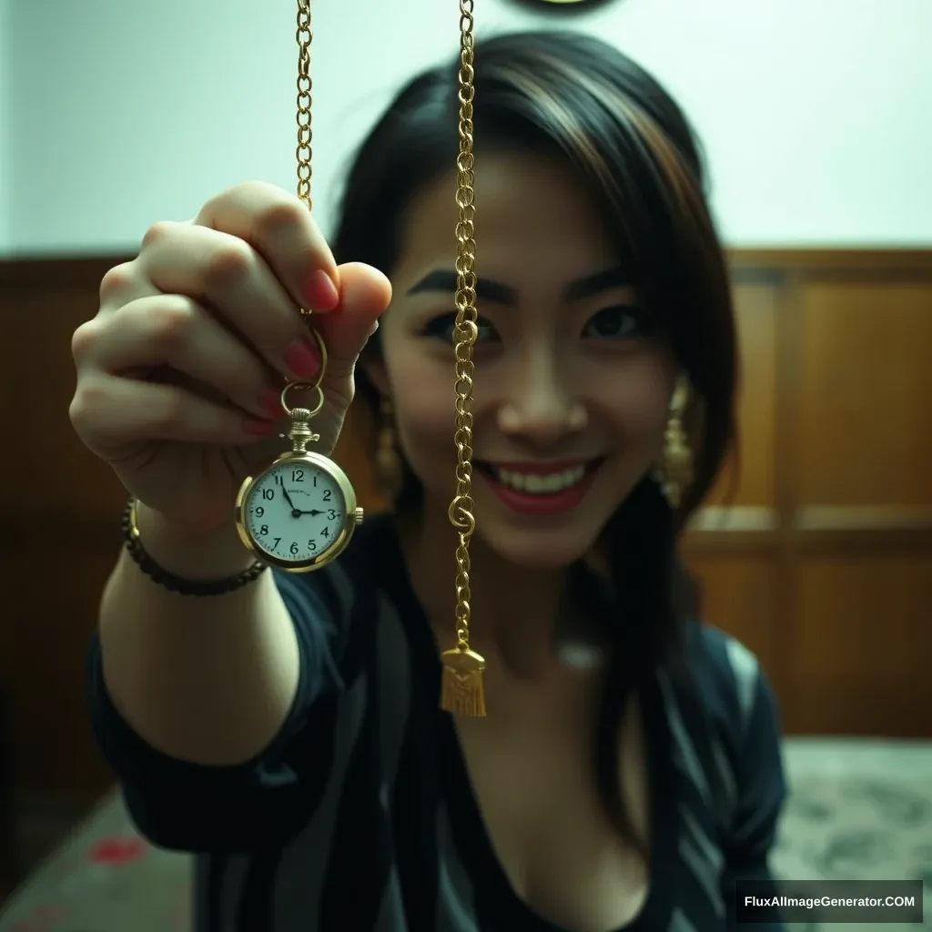 In a dimly lit room, an Asian woman holds a single golden chain with one pocket watch attached in her hand. The watch swings back and forth like a pendulum, leaving a trail of afterimages. She stares at the viewer with a big evil smile, enhancing the trance-inducing atmosphere, found footage style, long exposure for the pocket watch swaying like a pendulum.