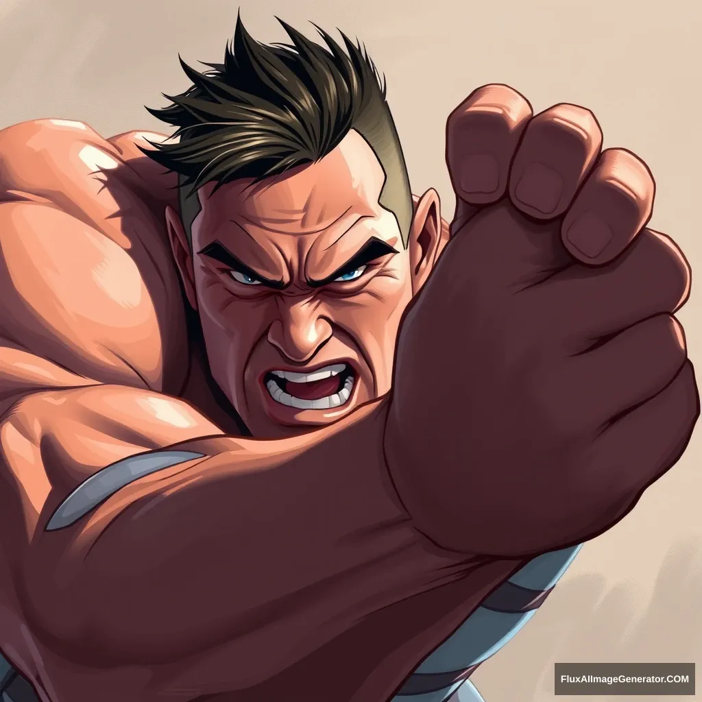 Cel shaded art, a strong man is trying to grab something, portrait, hand.