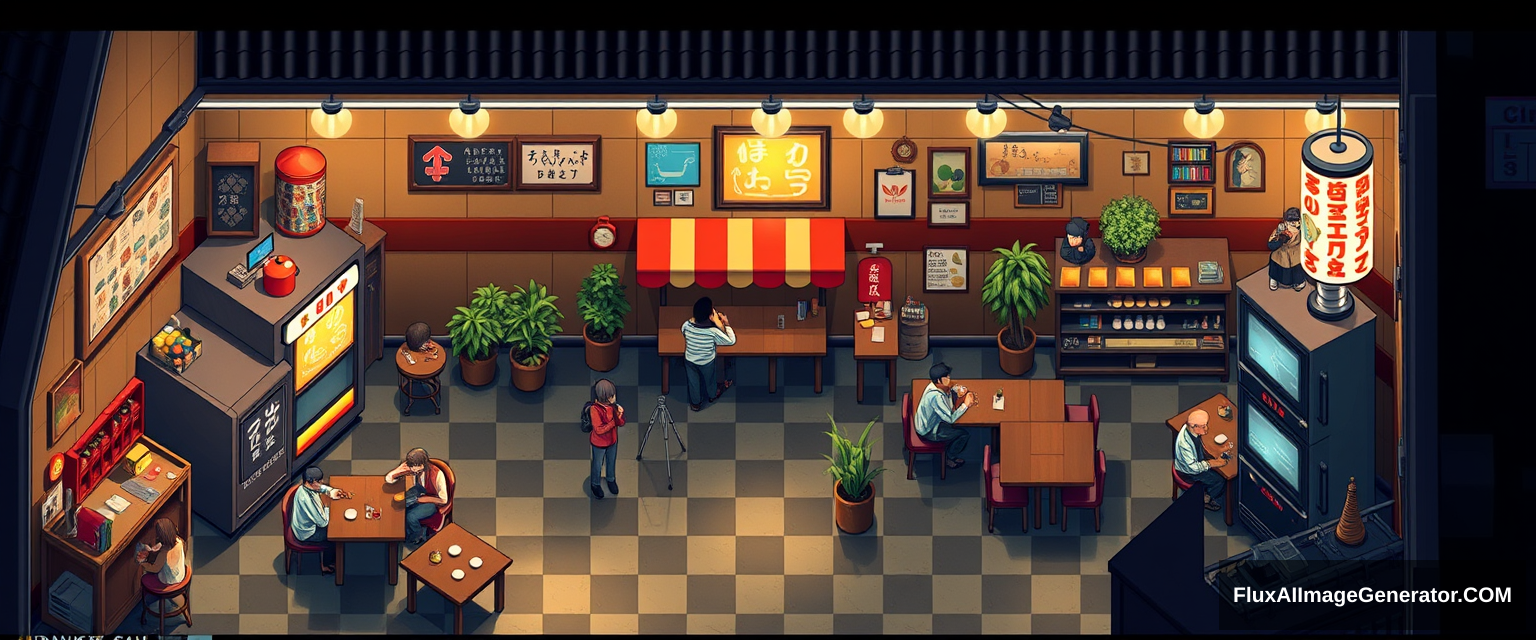 Top-down pixel art isometric cafeteria with yokai clients and midnight theme.