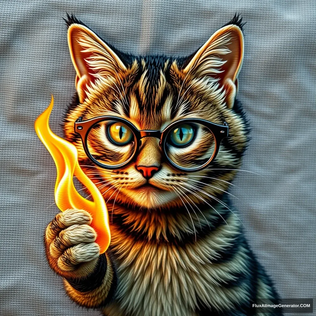 A mischievous tabby cat, wearing tiny spectacles, playing with fire. Style: Hyper-realistic embroidery art, blending traditional craftsmanship with modern technology. - Image