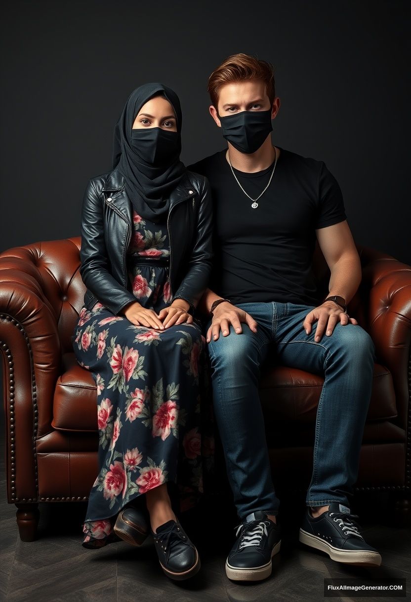 A black hijab girl, slim girl, beautiful eyes, black face mask, black leather jacket, the biggest floral long dress, black leather sneakers, sitting on a leather single wing sofa, Jamie Dornan, youngest, silver necklace, black T-shirt, jeans, black leather sneakers, tall man, black face mask, fit body, sitting near her, hyper-realistic, studio photography.