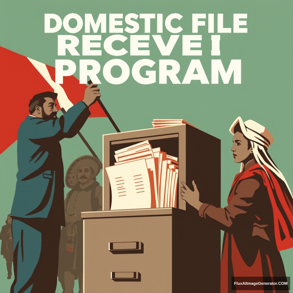 "Create a propaganda poster for a program called: Domestic File Recovery Program. The poster should feature historical figures of Guanajuato and other citizens depositing documents into a filing cabinet."